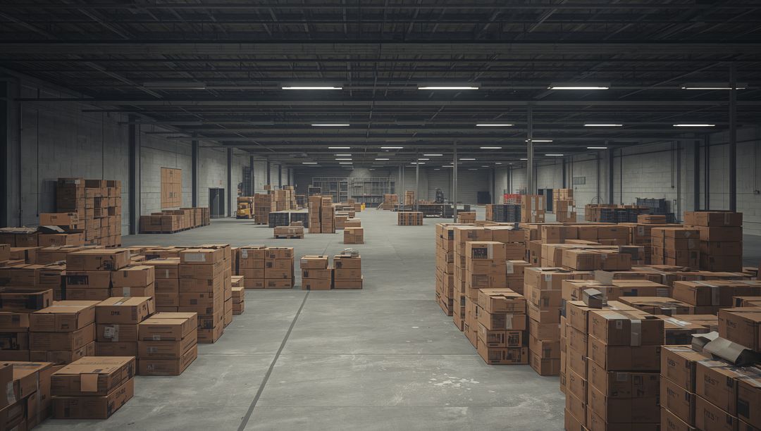 Expansive Warehouse Aisle Featuring Organized Cardboard Boxes and Pallets for Logistics