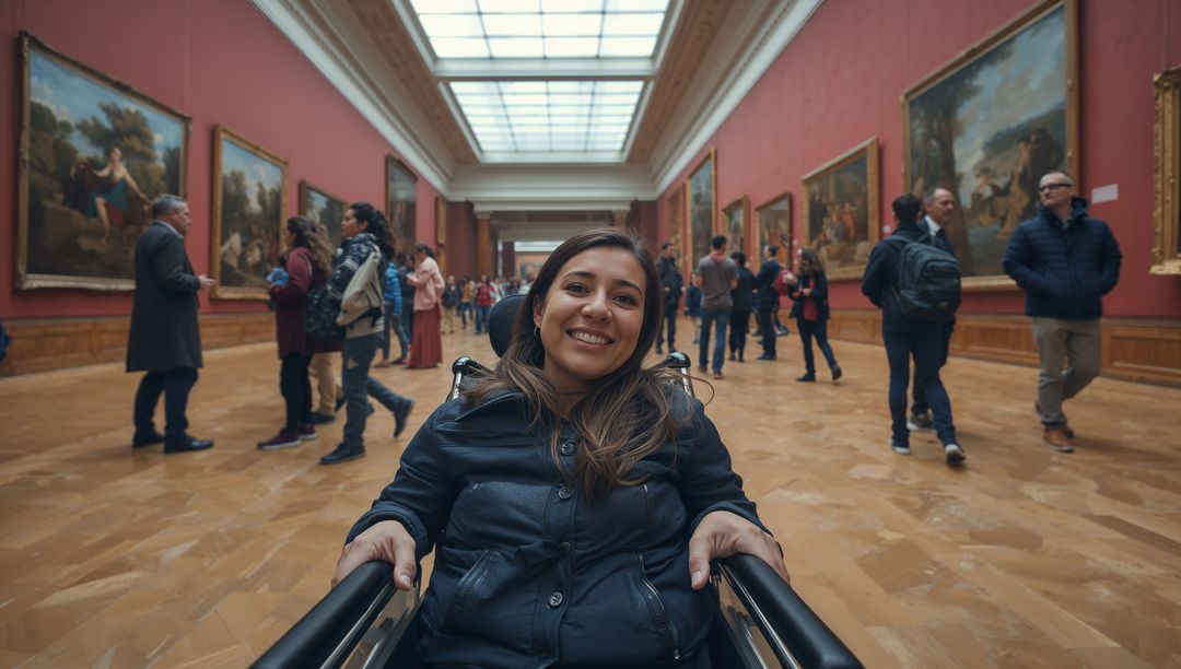 Smiling Woman Touring Gallery in Wheelchair Emphasizing Accessibility
