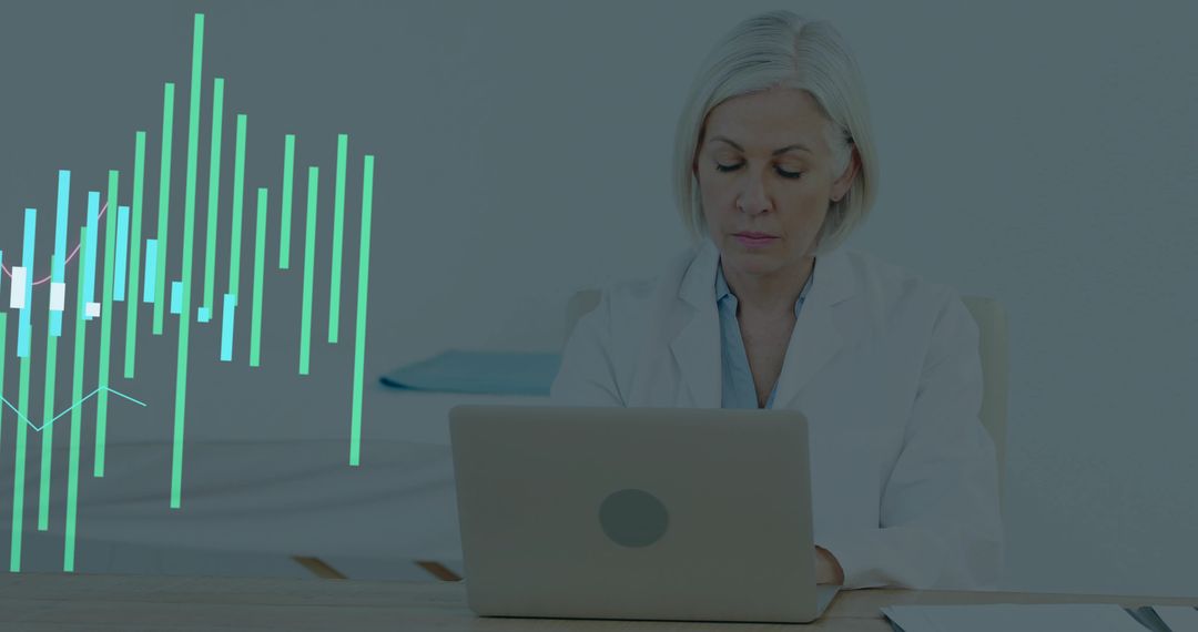 Senior Female Doctor Working on Laptop with Medical Data Charts and Digital Analytics
