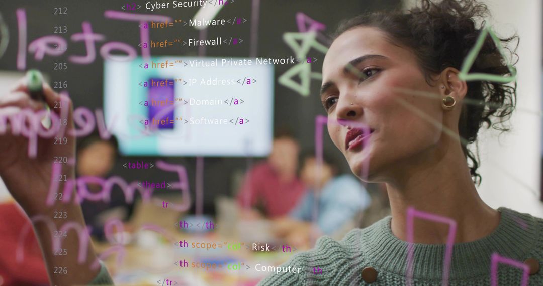 Woman Collaborating on Glass Board with Digital Codes in Office