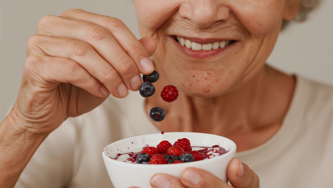 Senior woman sprinkling blueberries and raspberries over yogurt bowl while smiling warmly