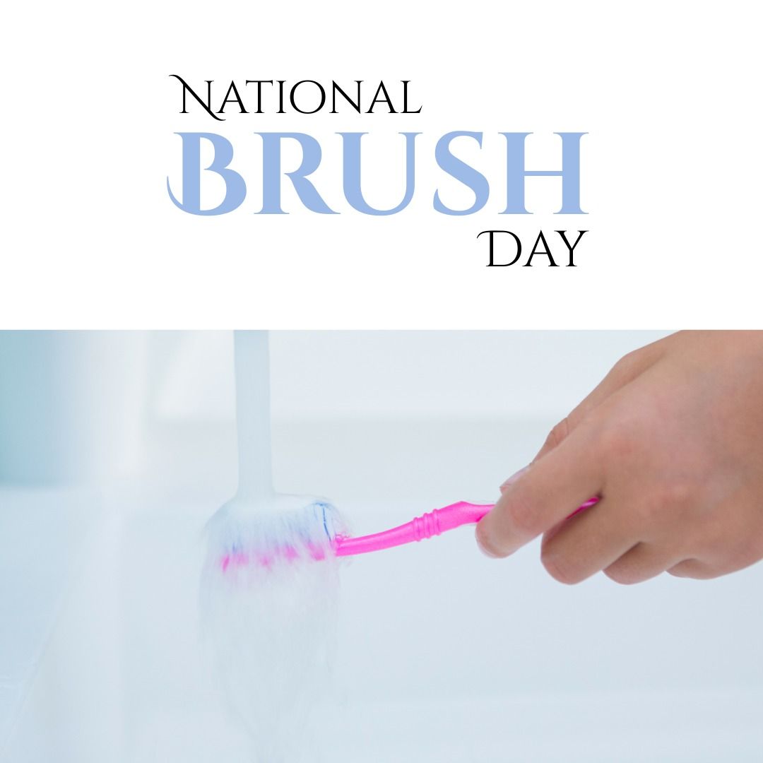 Square image of national brush day text with hand with teeth brush - Download Free Stock Templates Pikwizard.com