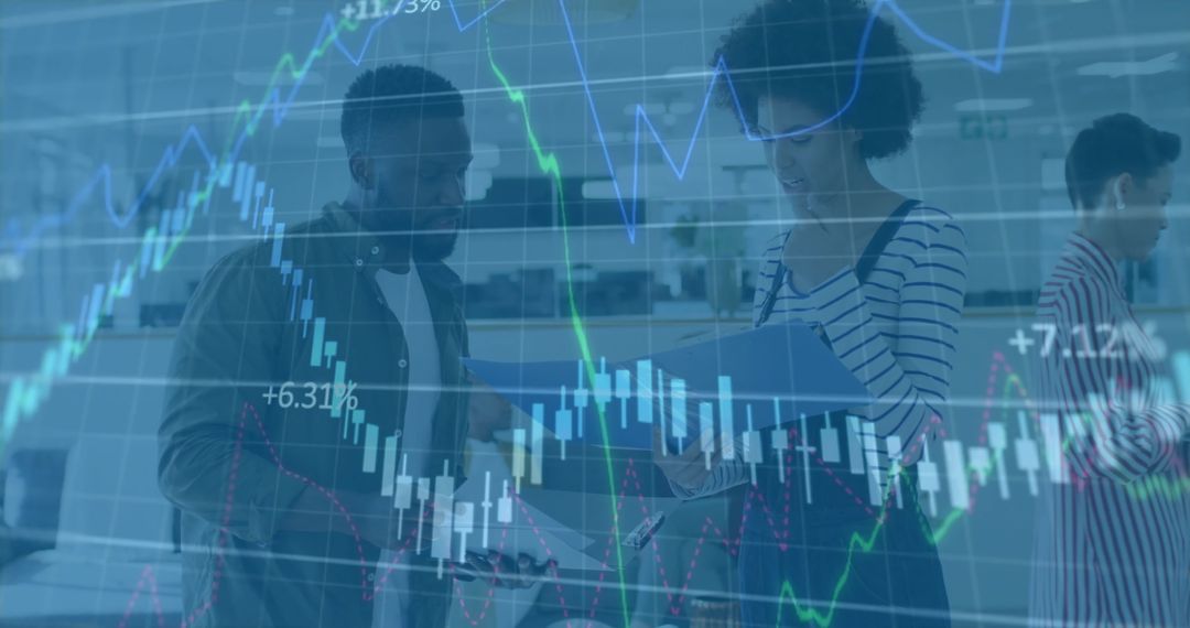 Colleagues Collaborating with Digital Graphs Overlay in Modern Office