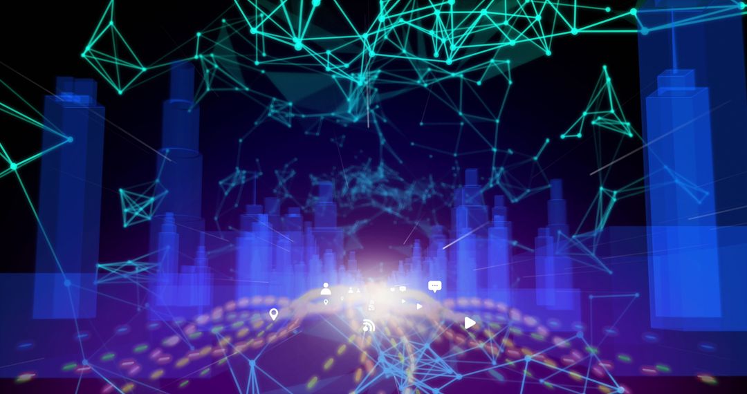 Digital Cityscape with Social Media Icons and Network Connections