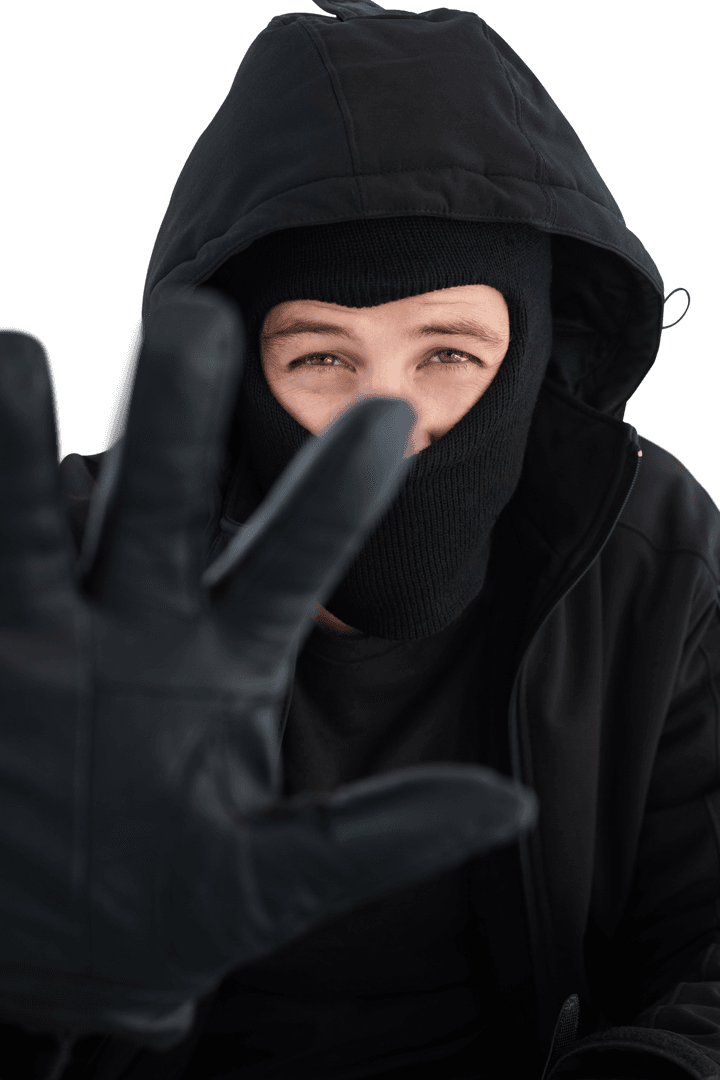 Mysterious Burglar in Black with Glove Reaching Forward on Transparent Background