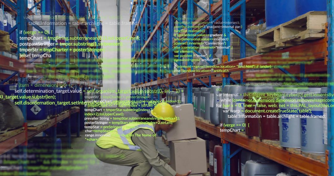 Crouching worker wearing hi-vis vest handling boxes in warehouse with digital code overlay