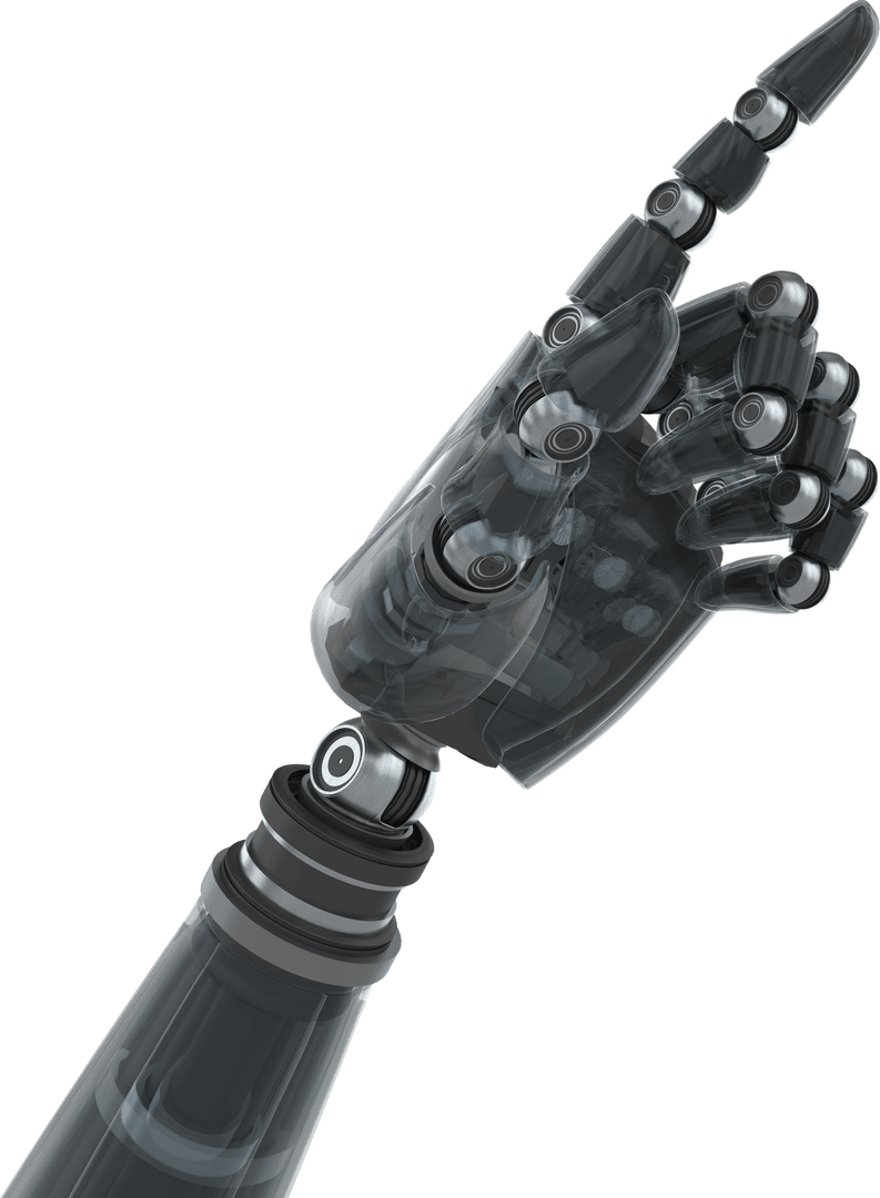 Transparent Robotic Arm in Pointing Gesture Showcasing Technology