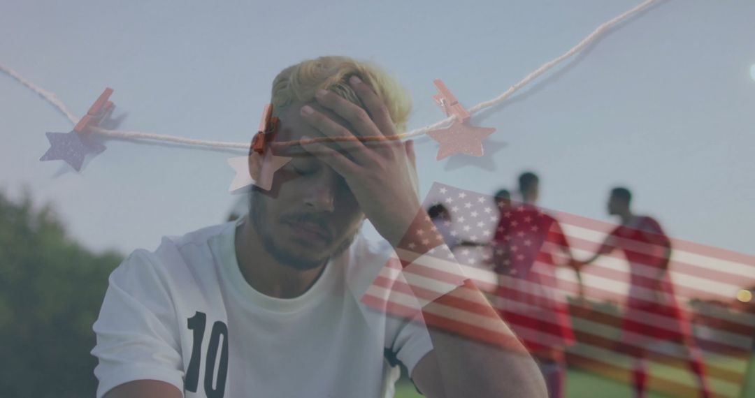 Soccer Player in Focus with Playful Decorations and Flag Overlay
