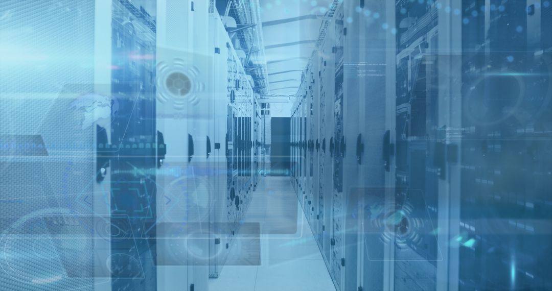 Futuristic Data Center Overlayed with Digital Interface Graphics