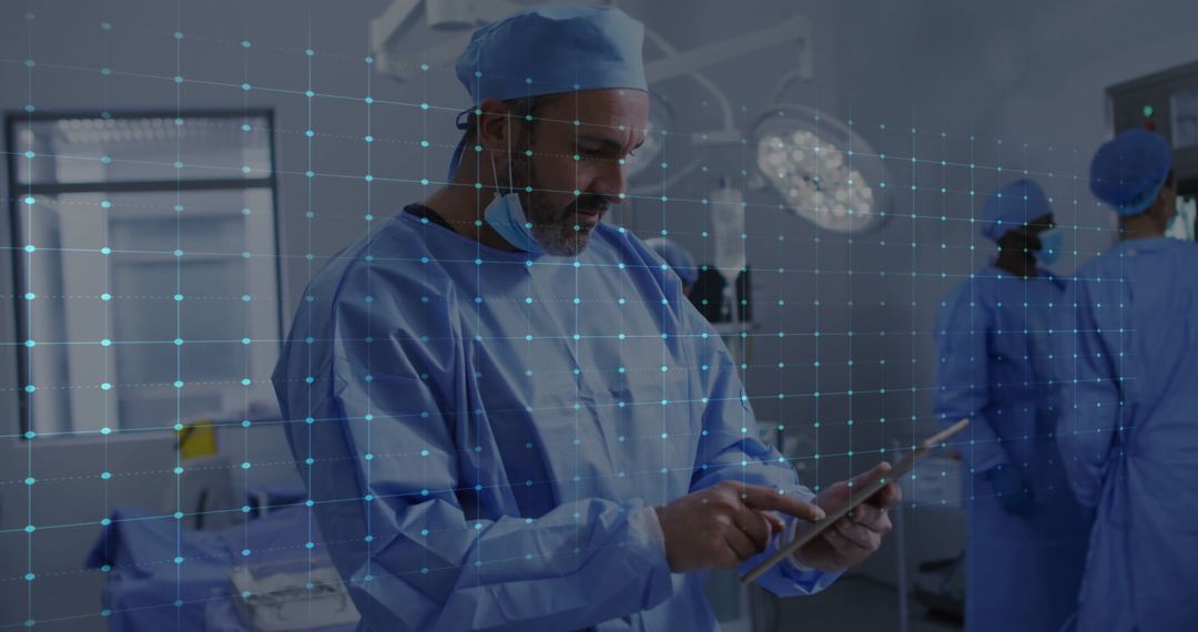 Surgeon Using Tablet in Operating Room with Digital Overlay
