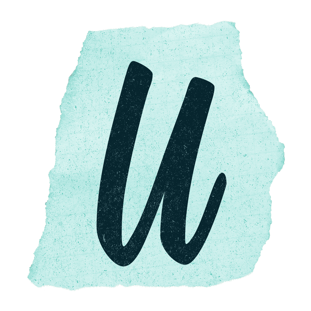 Brushstroke Letter U on Torn Teal Paper with Transparent Background
