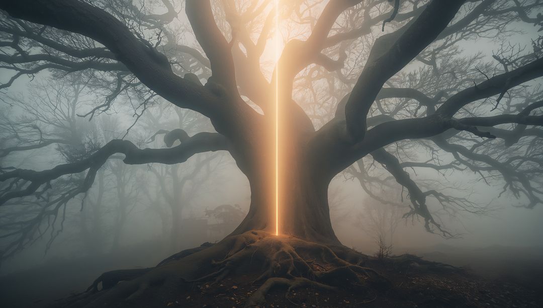 Ethereal Tree with Golden Light Beam in Foggy Forest