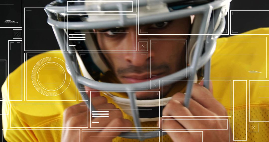 Gripping Facemask Football Player Adjusting Chinstrap in Yellow Jersey with Tech Overlays