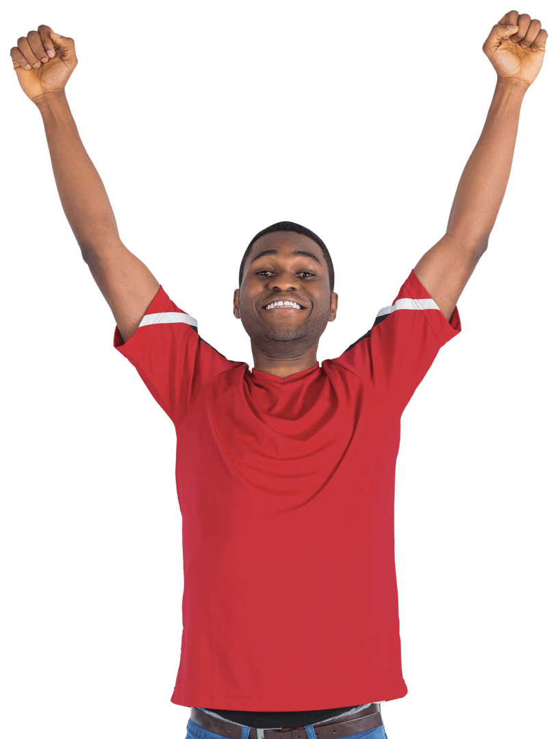Elated Football Fan Cheering with Arms Raised Transparent Background