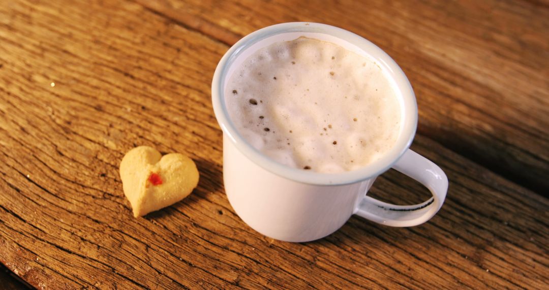 Hot Coffee Cup with Heart-shaped Cookie on Wooden Table - Free Images, Stock Photos and Pictures on Pikwizard.com