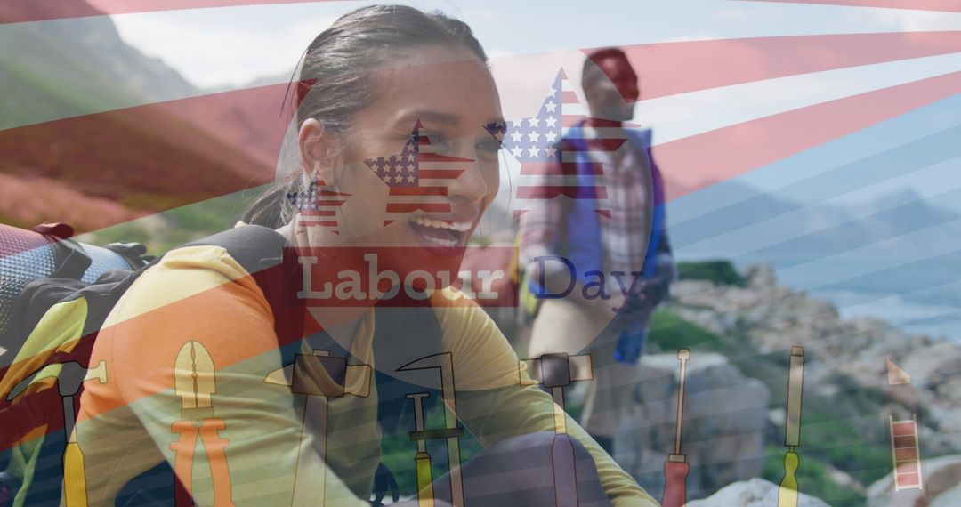 Laughing Hikers Exploring Rocky Trail on Labour Day Adventure