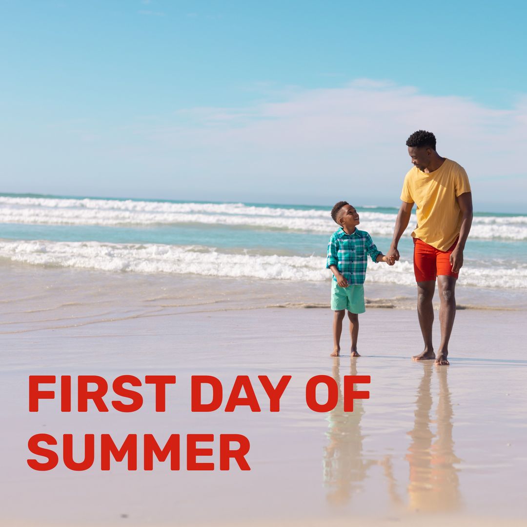 Father and Son Walking on Beach First Day of Summer