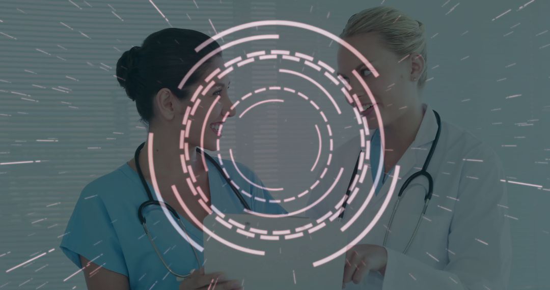 Medical Team Discussing Patient Diagnosis with Digital Overlay