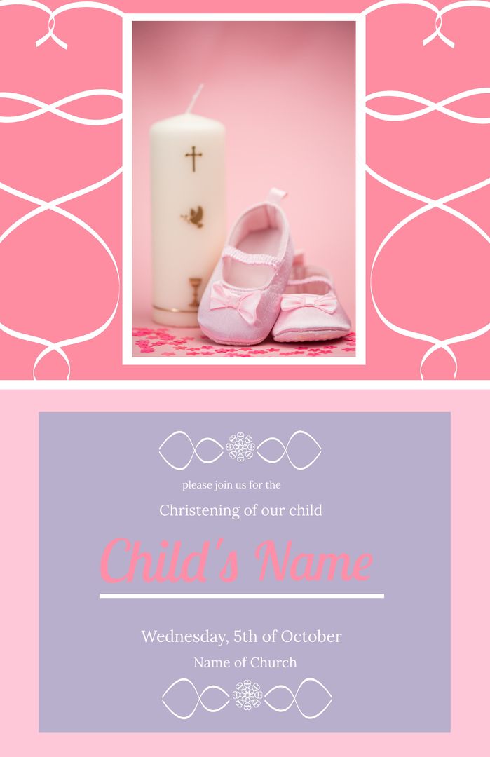 Pink and Purple Christening Invitation with Candle and Baby Shoes - Download Free Stock Templates Pikwizard.com