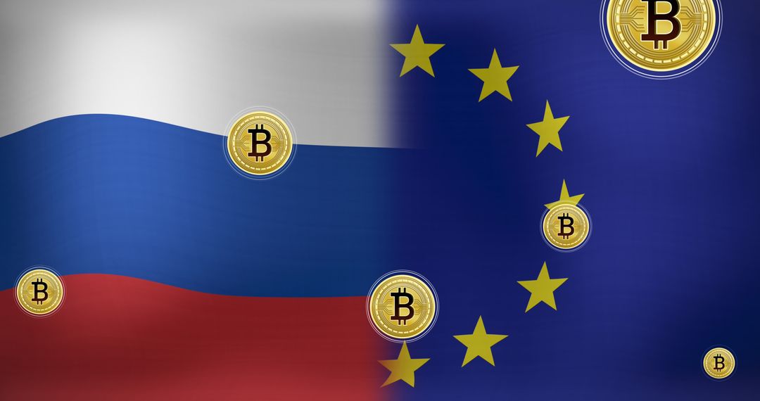 Bitcoin Against Russian and EU Flags Symbolizing Political Tensions