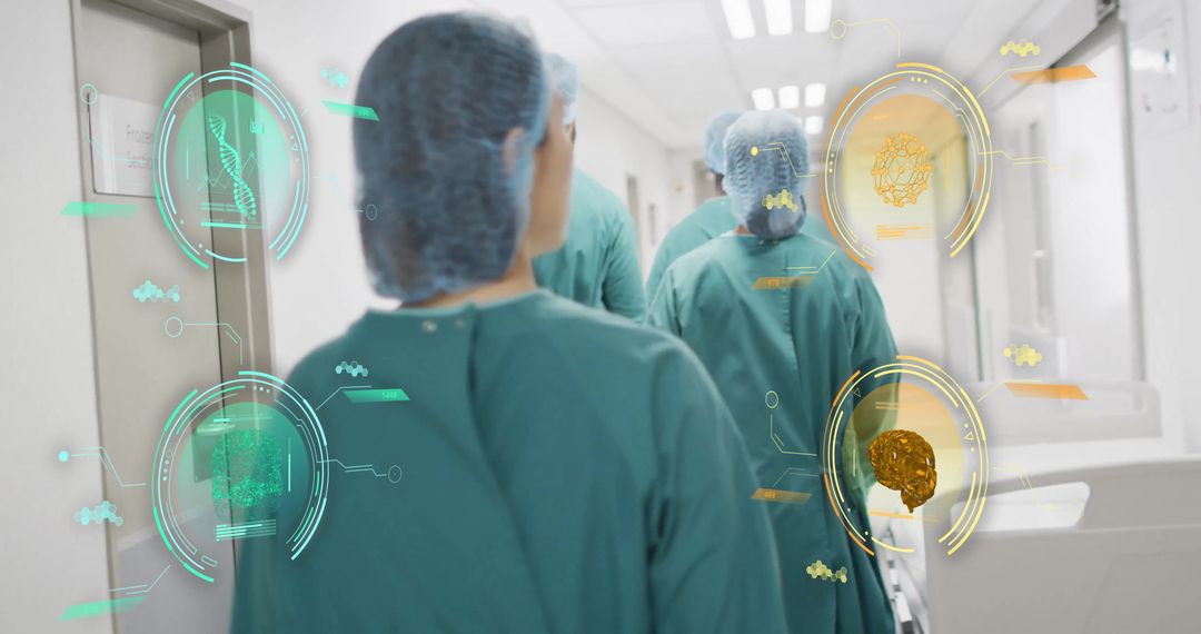 Medical Team Walking in Hospital with Digital Interface Graphics