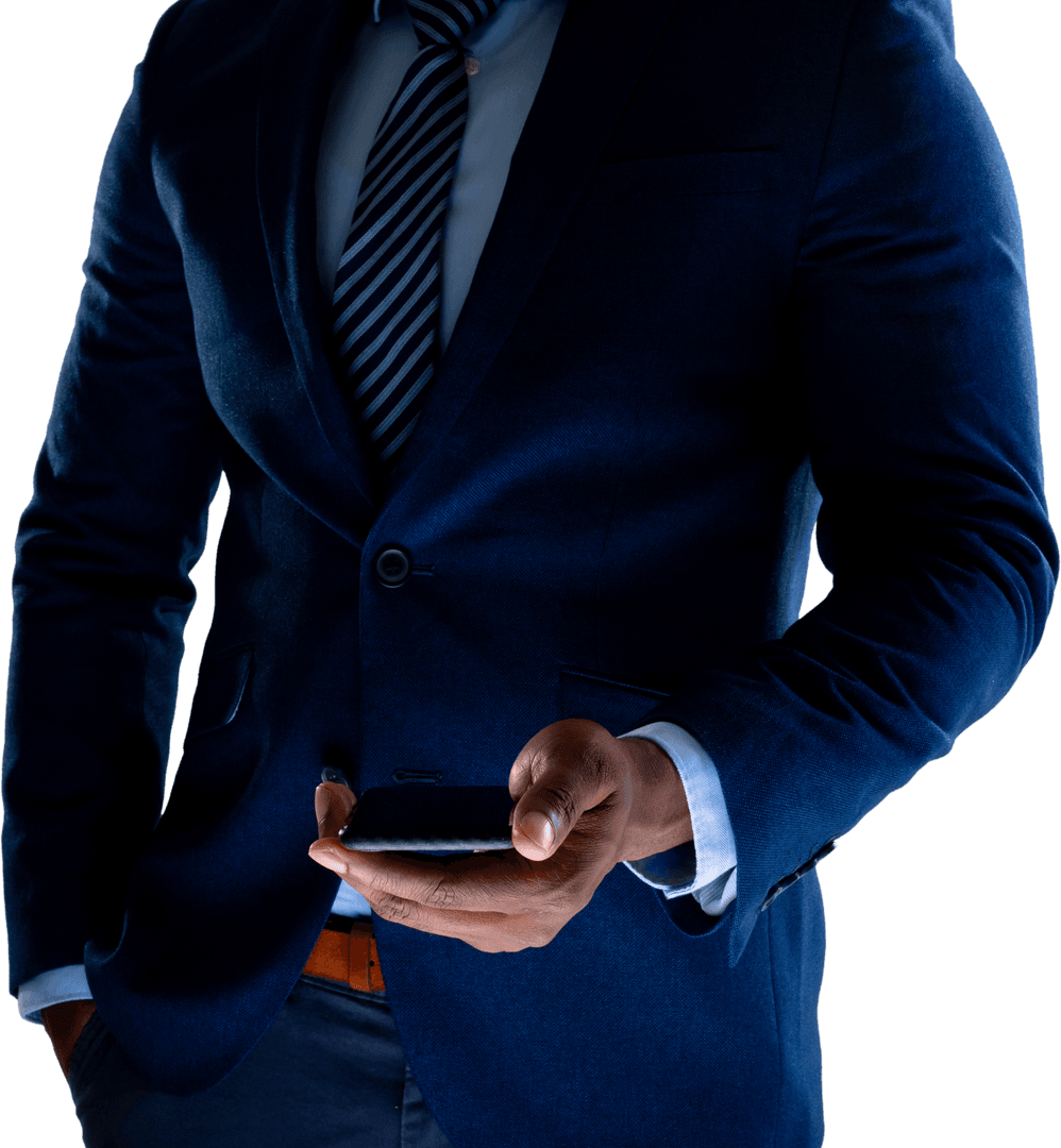 Transparent Businessman in Formal Attire Checking Smartphone