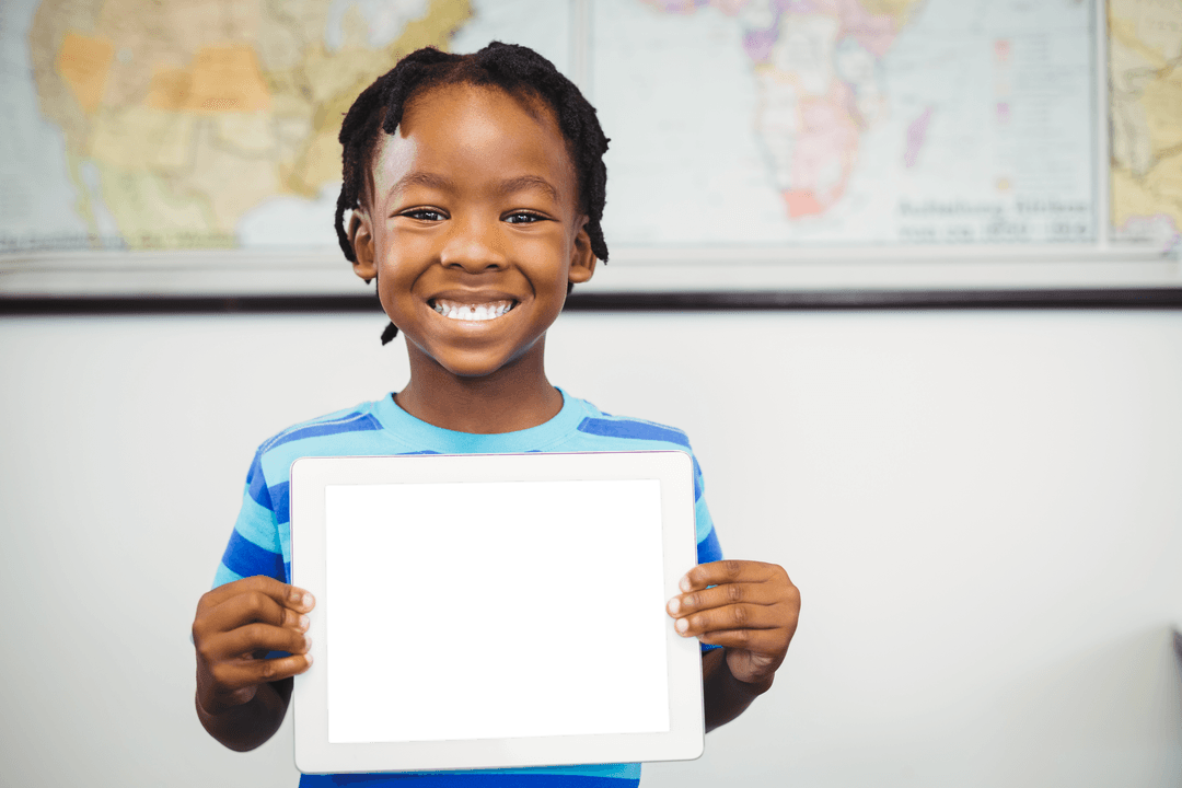 Transparent Tablet in Classroom with Smiling Child