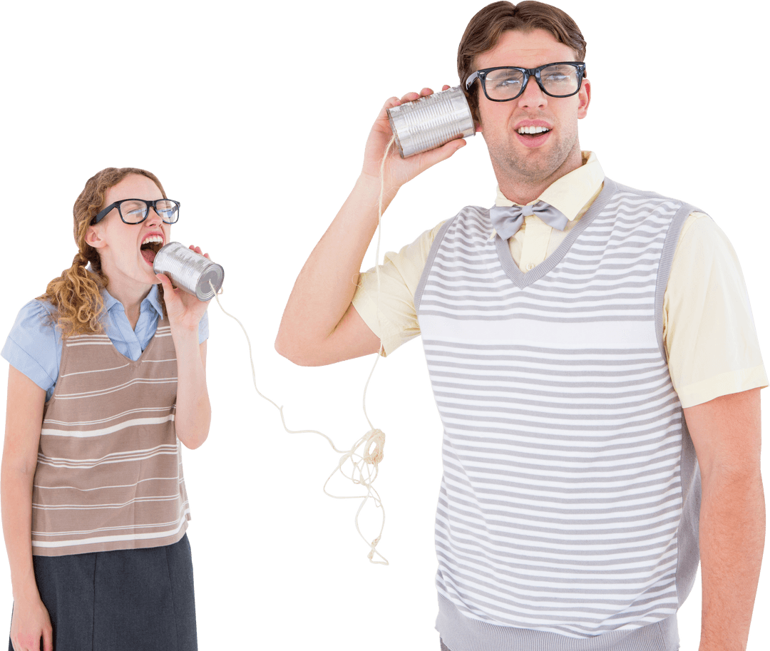 Geeky Couple Communication with Tin Can Phones Transparent Background