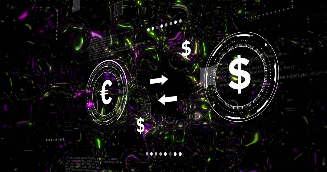 Futuristic Euro Dollar Exchange HUD with Neon Cyber Background and Digital Arrows