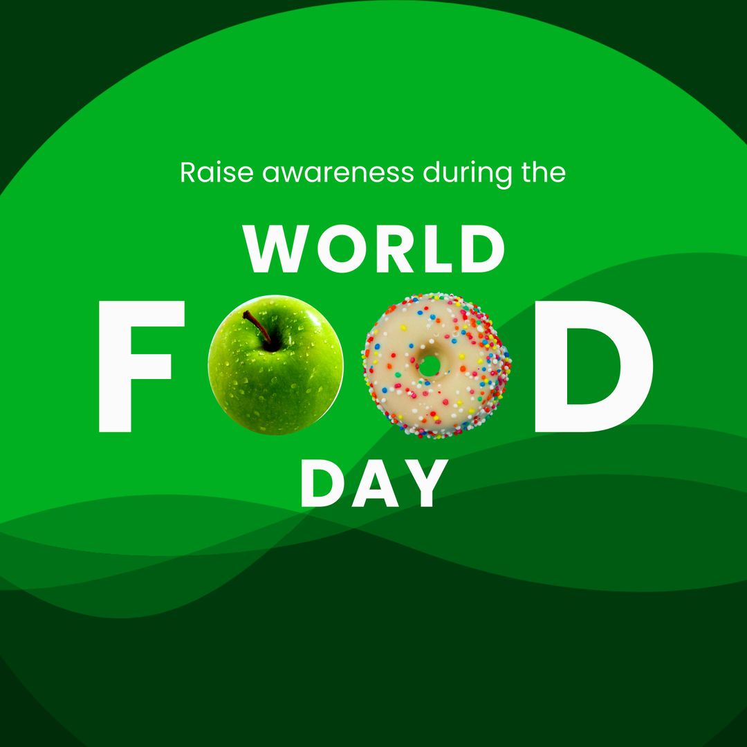 World Food Day Awareness Poster with Green Apple and Donut Illustration