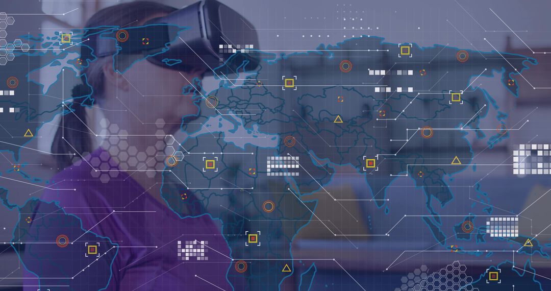 Woman Using VR Headset Navigating Virtual World Map Interface