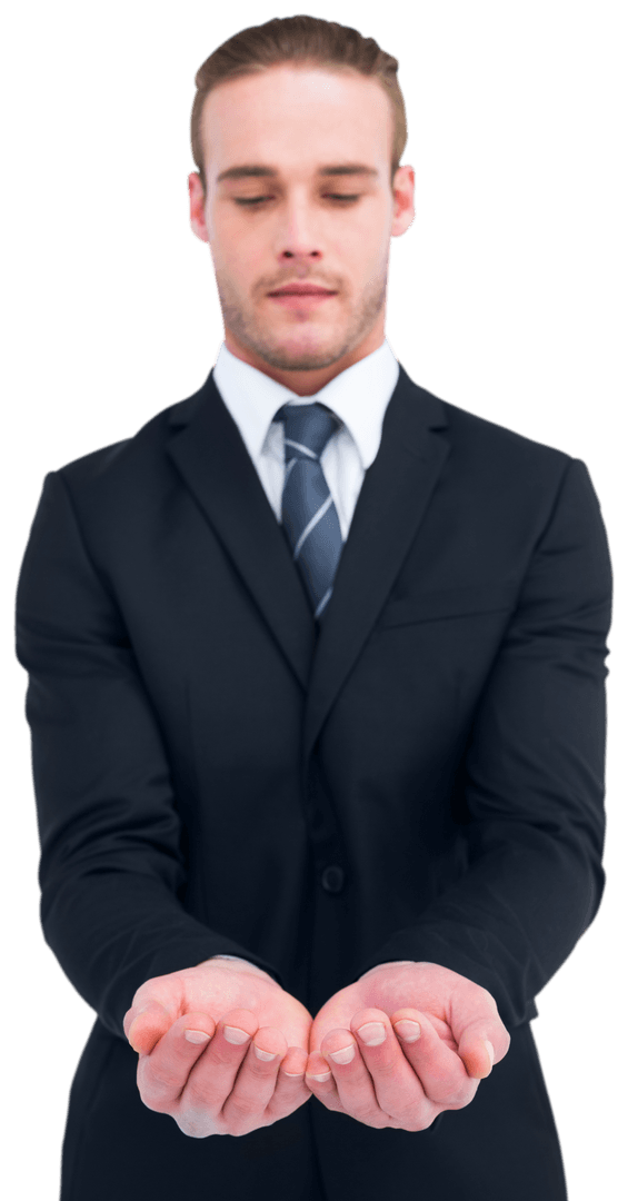 Transparent Businessman Holding Out Hands in Concentration