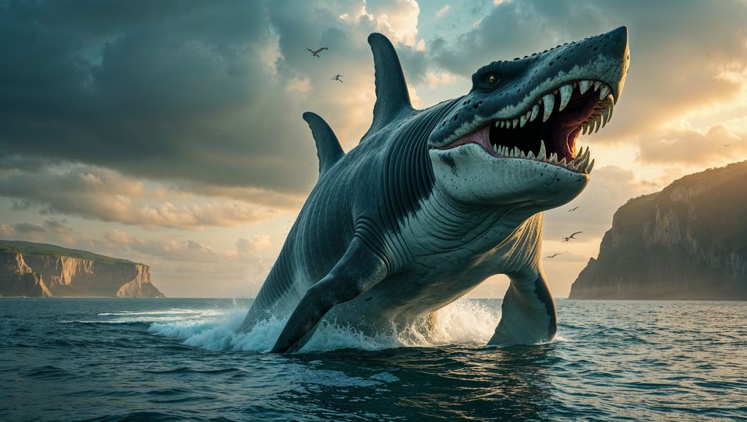 Majestic megalodon emerging from ocean depths at sunset