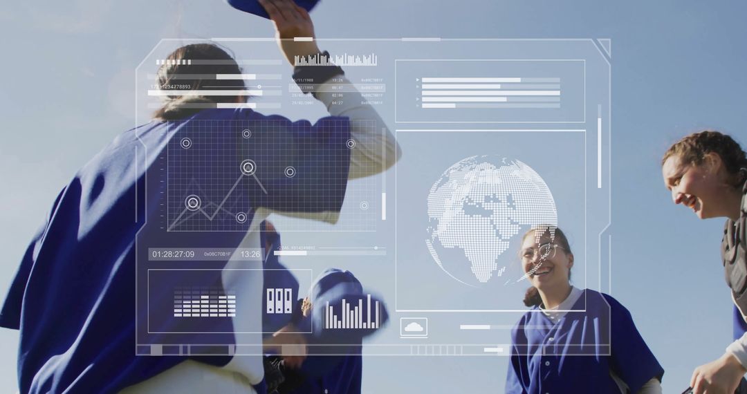 Women Athletes Celebrating Victory with Dynamic Data Overlays