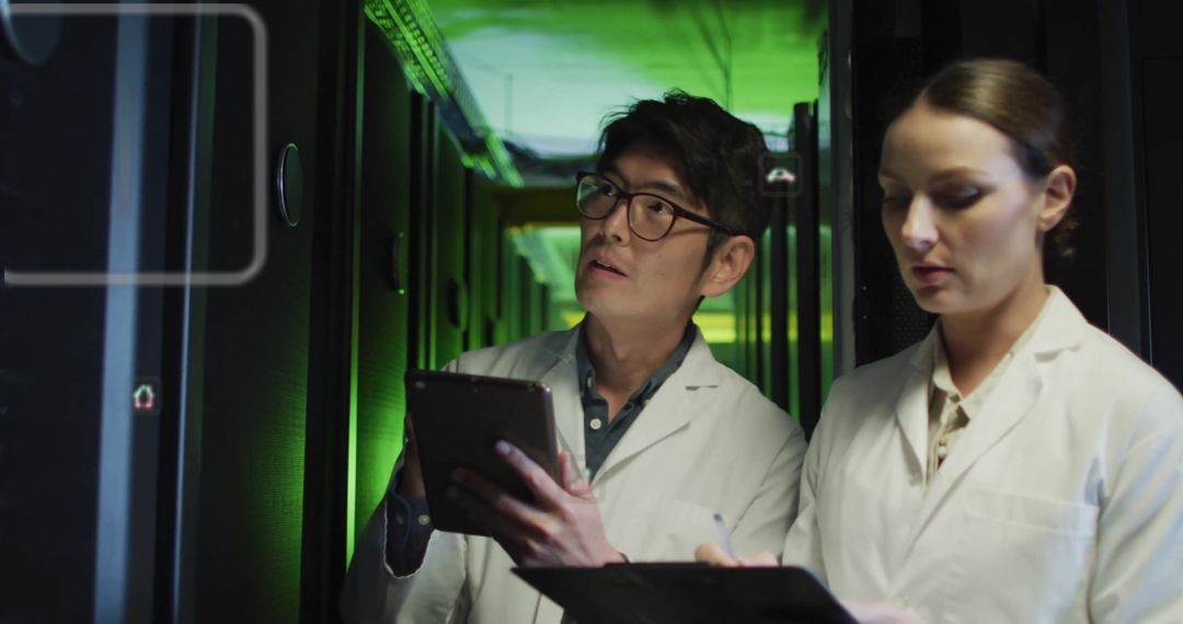 Scientists Analyzing Data by Computer Servers with Green Lighting