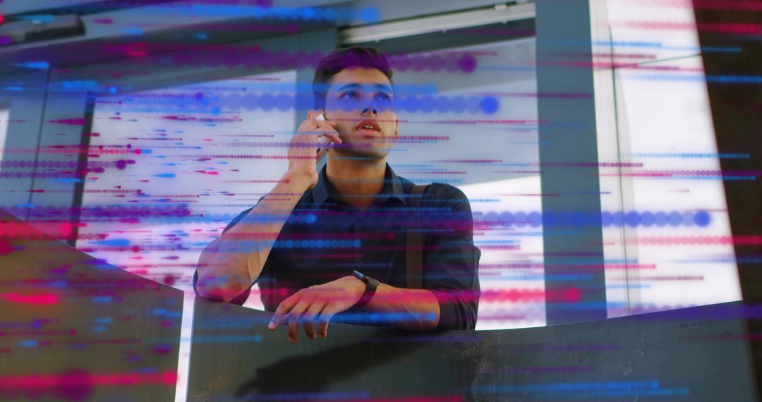 Engineer Communicating on Smartphone Amidst Digital Data Visualization