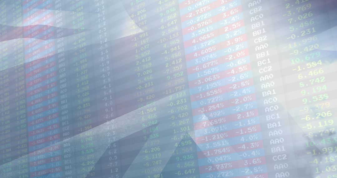 Financial Data Displayed with United Kingdom Flag and Clouds Overlay