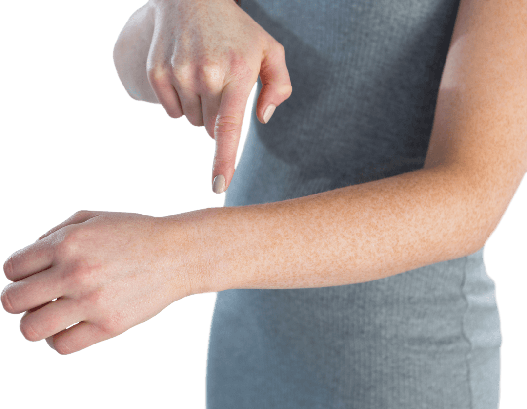Transparent Businesswoman Pointing on Arm Close-up