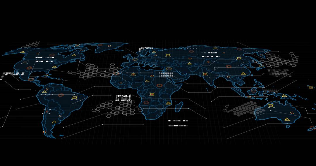 Neon Blue Digital World Map with Hexagonal Clusters and Cyber Networks