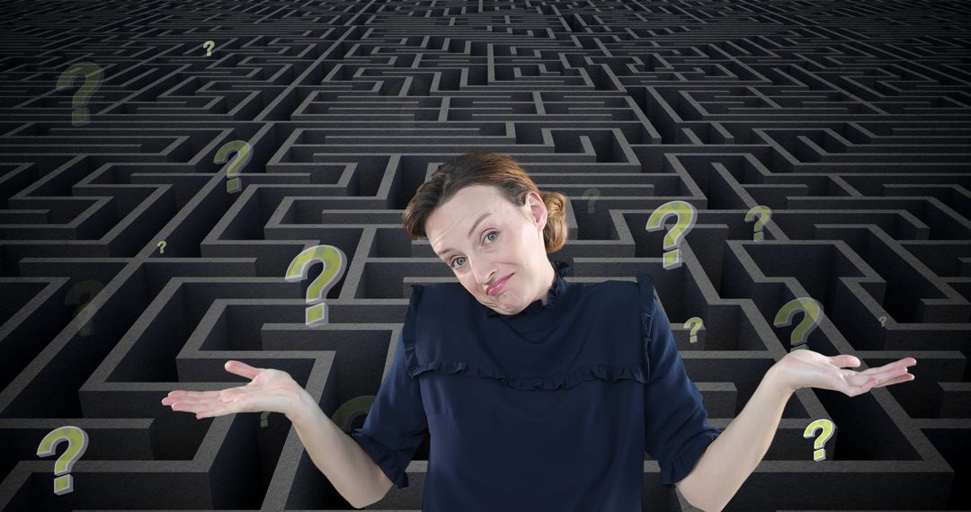 Image of uncertain caucasian woman and yellow question marks moving over grey maze - Free Images, Stock Photos and Pictures on Pikwizard.com