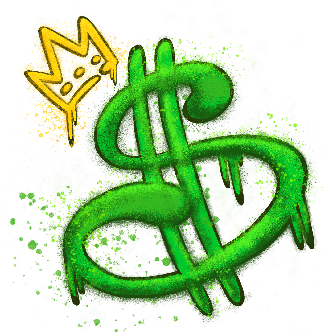 Transparent Graffiti Dollar Symbol with Crown, Luminous Urban Art