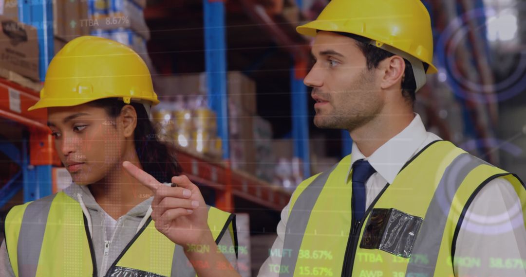 Two Warehouse Workers Analyzing Digital Graphic Display