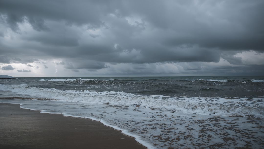 Dramatic Lightning Over Turbulent Sea with Dark Storm Clouds