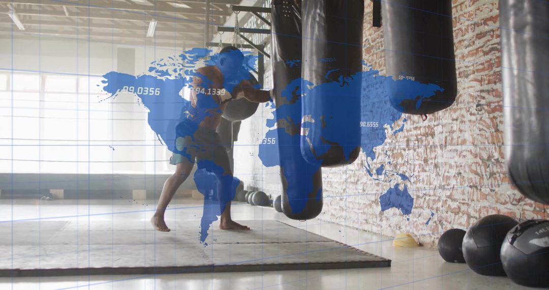 Boxer Training in Industrial Setting with World Map Overlay