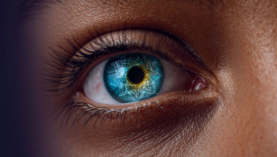 Close-up human eye revealing luminous geometric iris pattern for biometric branding