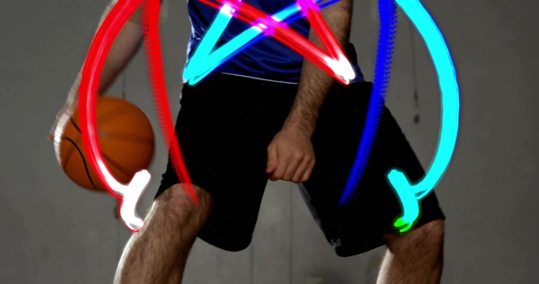 Basketball Player Dribbling with Dynamic Light Trails