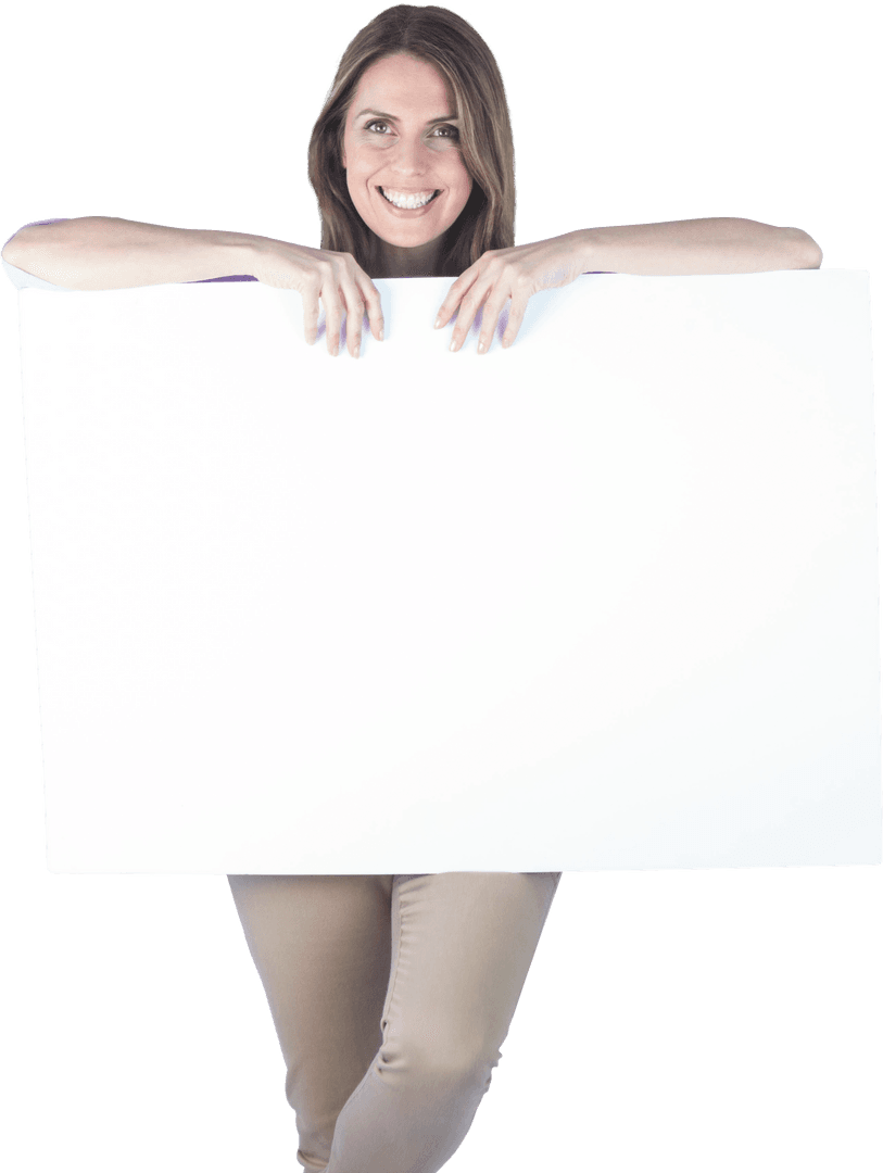 Transparent Smiling Woman Holding Blank Banner