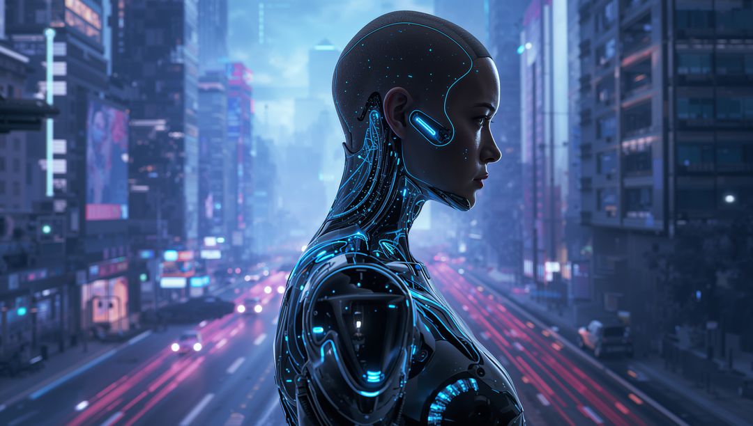 Futuristic Android with Neon Circuitry Stands in Cyberpunk Cityscape