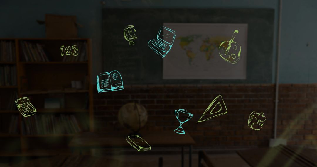 Floating School Icons in Vintage Classroom
