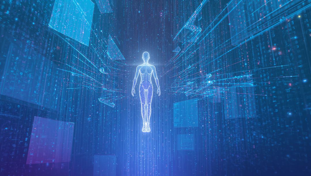 Floating wireframe humanoid avatar glowing in blue data corridor with holographic panels